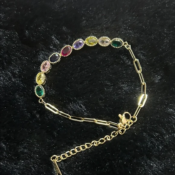 Multicolor Gemstone 14k Gold Plated Chain Bracelet NEW - Picture 3 of 6